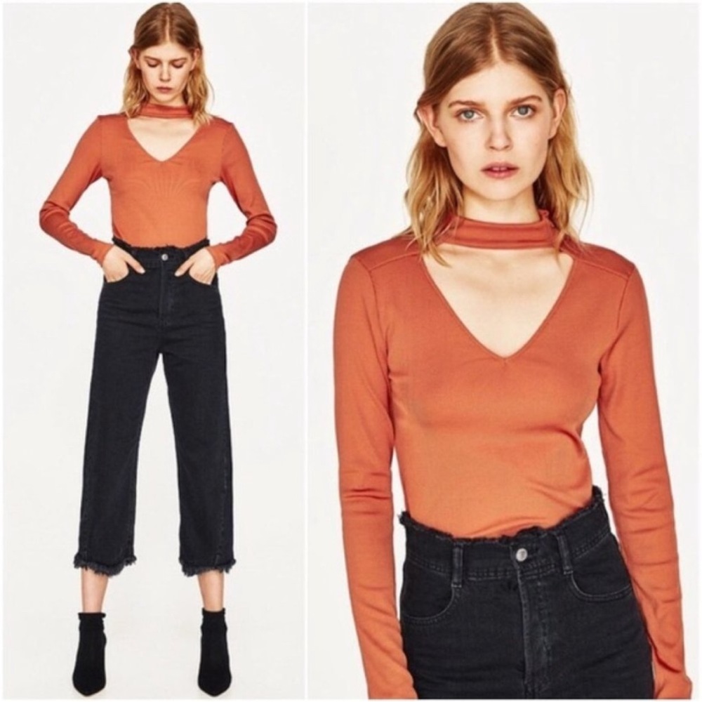 Zara V-Neck Chocker Collared Long Sleeve Knit Top Size Medium Vibrant Orange
